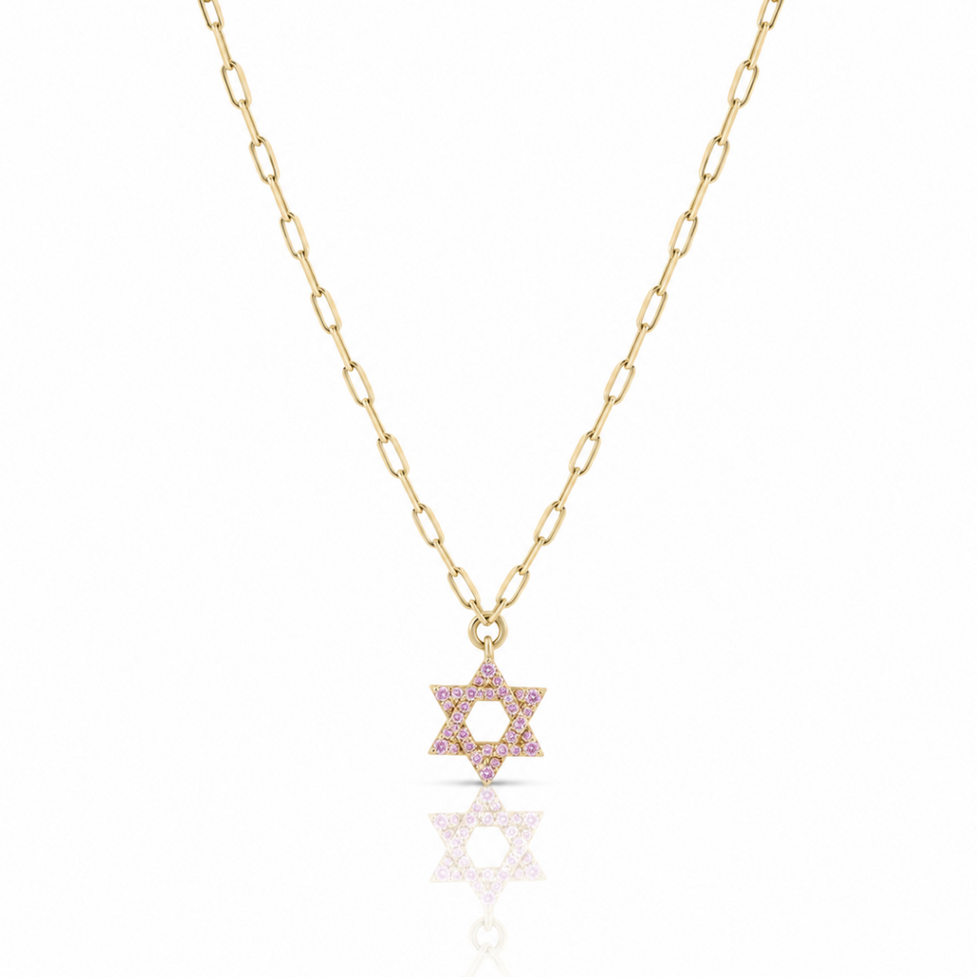 Classic Star of David Pink Sapphire Paperclip Necklace